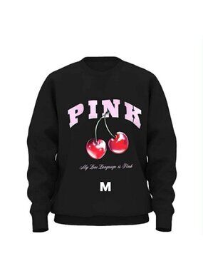 VS PINK PURE BLACK VDAY 2026 CREW SWEATSHIRT CHERRIES SHINE LOGO IN SIZE MEDIUM